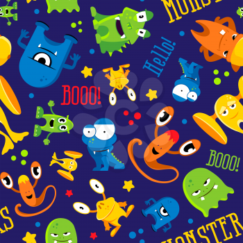 Seamless cute pattern made with monsters, bubbles and words hello, color monster, vector illustration