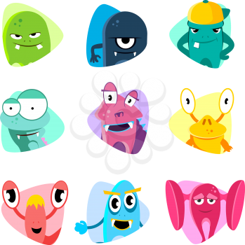 Cute cartoon avatars and icons. Monster faces vector set. Collection of face monsters illustration