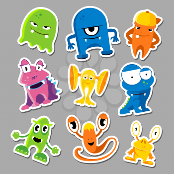 Set of cute monsters stickers. Collection of color funny monsters. Vector illustration