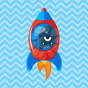 Angry alien in rocket. Cartoon vector illustration. Ufo. Space theme. Monster in space ship