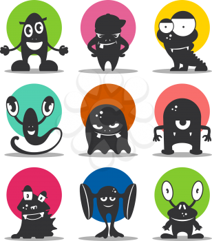 Cute cartoon avatars and icons. Black monsters set. Collection of funny aliens. Vector illustration