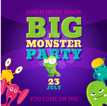 Big monster party card. Invitation poster. Vector template banner illustration