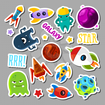 Set of stickers with space objects and monsters. Cartoon vector illustration for children. Monster alien and ufo spaceship stickers collection