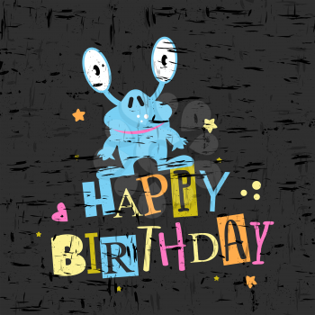 Happy birthday gift card with cute monster. Congratulation banner poster. Vector illustration