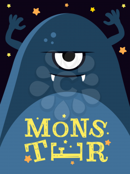 Vector illustration with angry monster. Funny cute character banner poster