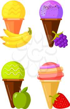 Four fruit ice cream. Strawberry, apple, blackberry and banana. Vector illustration