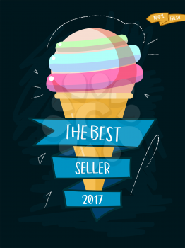 Ice cream cone cartoon icon with inscription. Vector illustration best seller 2017