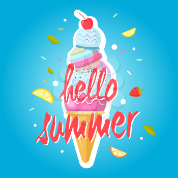 Hello summer ice cream cone, colorful background. Color sweet ice cream food, dessert ice-cream, vector illustration