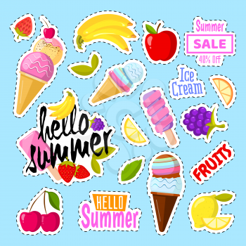 Set of cute ice cream and fruits in the form of a retro patches sticker banana and berry, label of apple and cherry, vector illustration