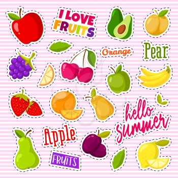 Set of cute fruits in the form of a retro patches. Summer fruis patch sticker, vector illustration