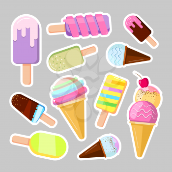 Ice cream stickers. Cute cartoon vector illustration. Collection of ice cream