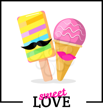 Ice cream couple with lips mustaches. Love card vector illustration. Cartoon ice cream