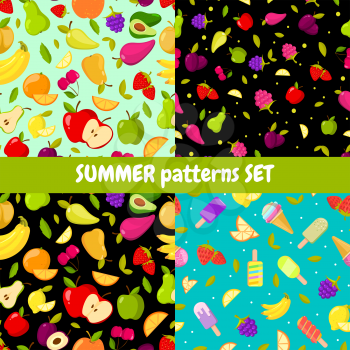 Vector seamless summer patterns set. Colorful cartoon backgrounds with fruits and ice cream illustration