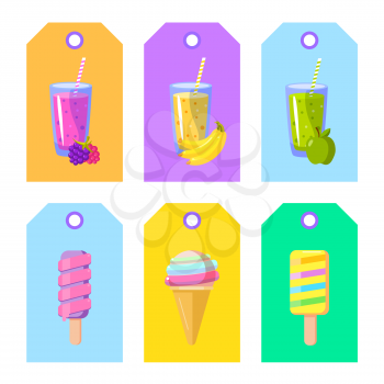 Set of cards banners tags package labels with cartoon ice cream and smoothies, Vector illustration