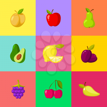 Fruit cartoon icons set. Apple plum lemon cherry pear avocado. Vector illustration