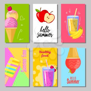 Banner set of cute sweet summer backgrounds. Summer layout design greeting cards. Ice cream, fruits and smoothie. Vector illustration