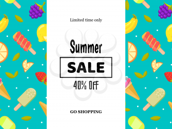 Summer sale banner poster with fruits and ice cream. Vector illustration