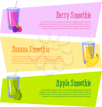 Cards with space for your text. Smoothies benefits. Apple, banana and berries. Vector illustration