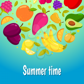 Summer time banner. Colorful background with fresh fruits. Vector illustration
