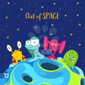Out of space. Spaceship background with monsters in cartoon style. Vector illustration