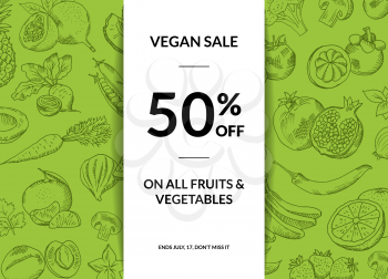 Vector handdrawn fruits and vegetables vegan sale background with shadows illustration