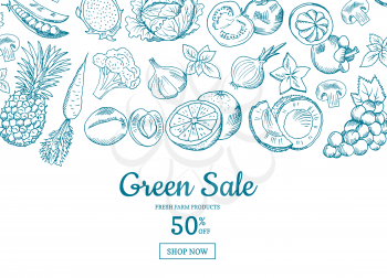 Vector hand drawn fruits and vegetables horizontal sale background. Green sale banner illustration