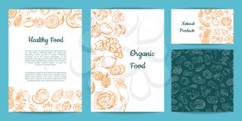 Vector hand drawn fruits and vegetables card, brochure, flyer, business card template and pattern set illustration