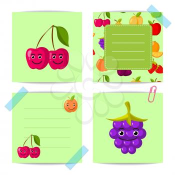 Vector flat cute cherry, blackberry, fruits with faces note templates set illustration