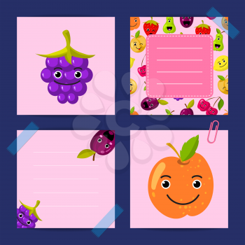 Vector flat cute orange, blackberry, plum fruits with faces note templates set. Illustration card and banner