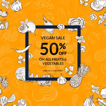 Vector handdrawn fresh fruits and vegetables shop or market sale background with square frame. Illustration of vegan sale banner