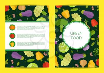 Vector flat vegetables card, brochure, flyer template for vegan, healthy organic food theme. Illustration of colored banner poster vegan