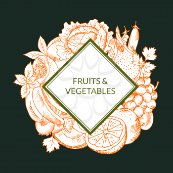 Vector doodle sketched fruits and vegetables vegan, healthy food emblem isolated on colored background. Hand drawn badge illustration