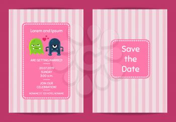 Vector wedding invitation template with cute monster couple on stripes background. Banner poster wedding illustration