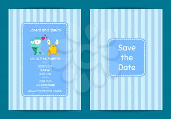 Save the date vector wedding invitation template with cute monster couple on stripes background illustration