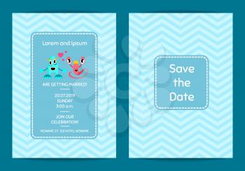 Vector save the date wedding invitation template with cute monster couple on zigzag background. Wedding cartoon banner poster illustration