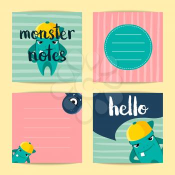 Vector square note cards with cute cartoon monsters on stripes background. Set of color card illustration