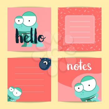 Vector square note cards with lettering and cute cartoon monsters on blots background. Red card note illustration