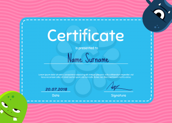 Vector children diploma or certificate with cute cartoon monsters on wavy background. Template certificate illustration