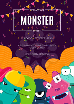 Vector Halloween party invitation poster with crowd of cute monsters, confetti and garlands on wavy background illustration