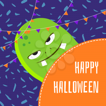 Vector banner happy halloween cute cartoon green monster illustration with garlands