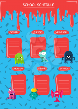 Vector school schedule with cartoon monsters with paint stains on confetti background. School schedule timetable for pupil illustration