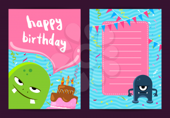 Banner vector happy birthday card template with cute cartoon monsters, cake, garlands, confetti on wavy stripes background illustration