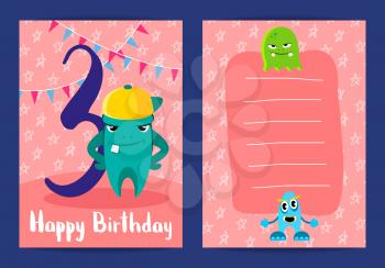 Vector banner kids happy birthday cards with cute monsters, garlands and age number three on handdrawn stars background illustration