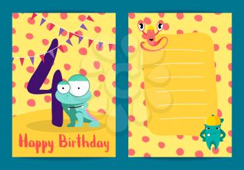 Vector poster kids happy birthday card with cute cartoon monsters and age four number illustration