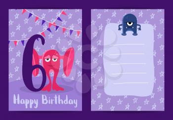 Vector happy birthday card banner for kids with cute cartoon monsters, garlands and age six number illustration
