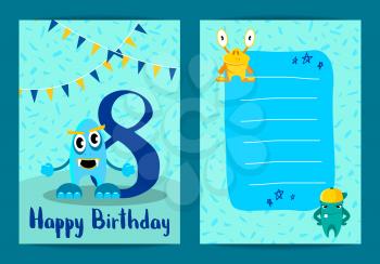 Vector happy birthday card with cute cartoon monsters and age eight number on confetti background illustration