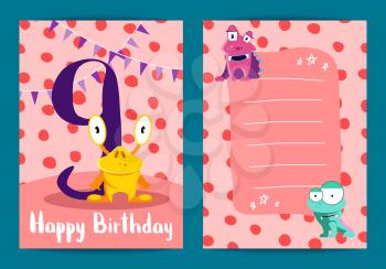 Vector kids poster happy birthday card with cute cartoon monsters and age nine number on circles background illustration