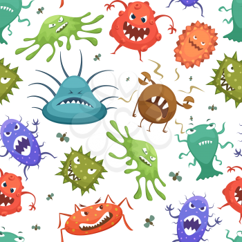 Dangerous. Streptococcus lactobacillus staphylococcus and others microbes in cartoon style. Vector seamless pattern microbe and virus bacterium illustration