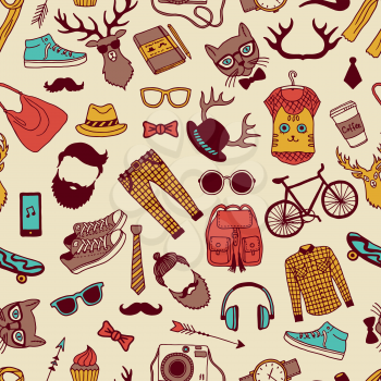 Seamless pattern with specific elements of hipster style. Hand drawn pictures. Hipster background texture with glasses and animal. Vector illustration