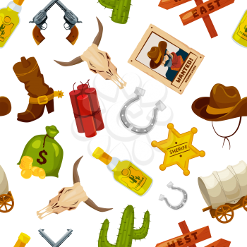 Cowboy, boots, guns and other wild west objects in cartoon style. Vector seamless pattern wild west concept with gun and cactus, star and horseshoe illustration